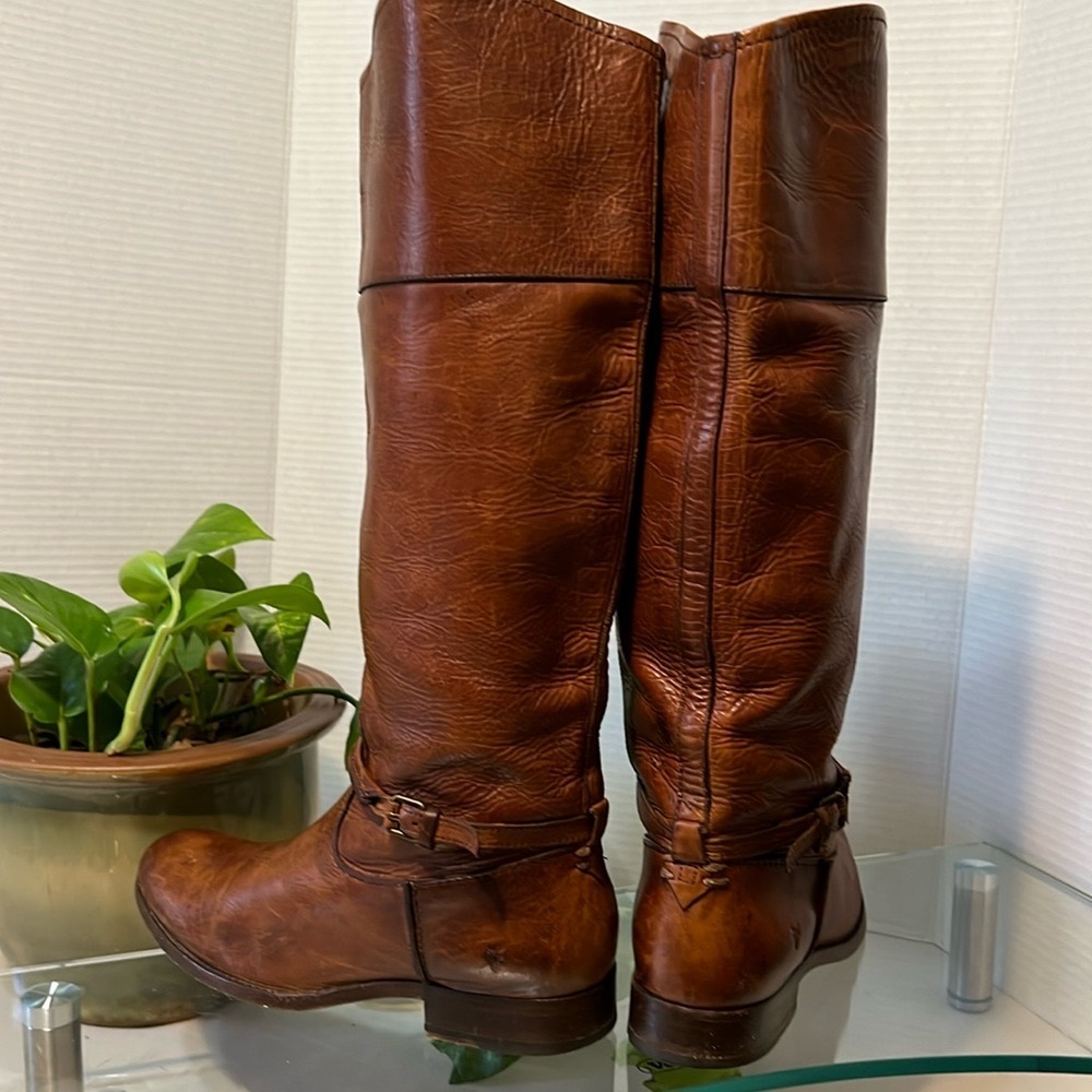 Frye Melissa Belted Cognac Leather Knee High Boot Made in Mexico